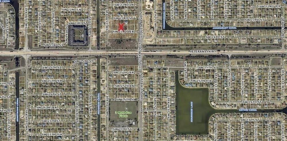 This is an aerial map showing a residential neighborhood with a highlighted property lot — 1617 SW 23RD TERRACE, CAPE CORAL, FL