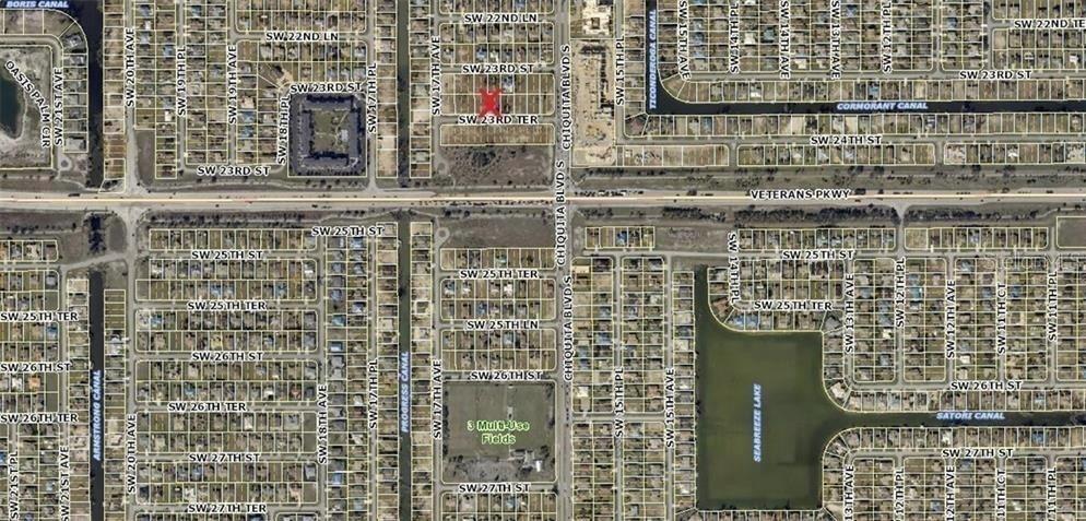 This is an aerial map showing residential streets and canals in a suburban neighborhood — 1617 SW 23RD TERRACE, CAPE CORAL, FL