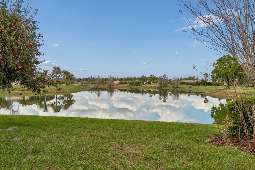 A view of a calm pond surrounded by green grass, trees, and distant houses — 113 TIVOLI TRACE CT, POINCIANA, FL