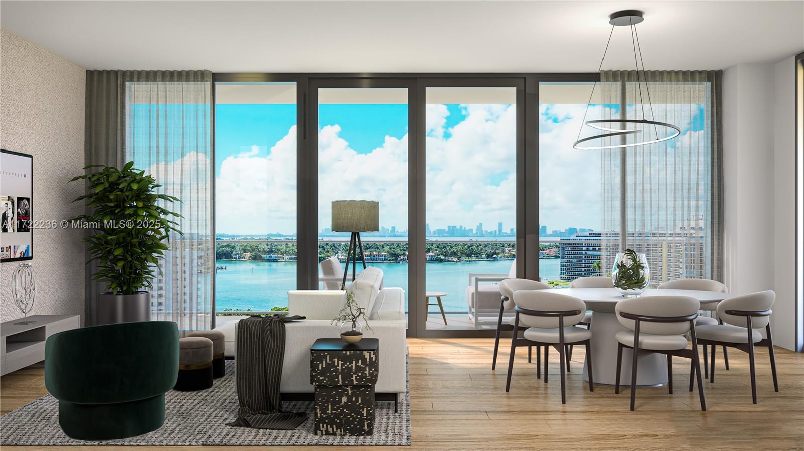 This is a rendering of a modern living and dining area with floor-to-ceiling waterfront views — 6940 Abbott Ave # 703, Miami Beach FL 33141, MIAMI BEACH, FL