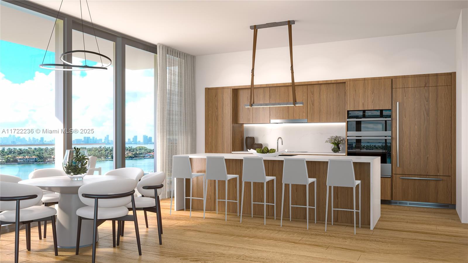 This rendering shows a modern kitchen with wood cabinetry, a breakfast bar, and waterfront views — 6940 Abbott Ave # 703, Miami Beach FL 33141, MIAMI BEACH, FL