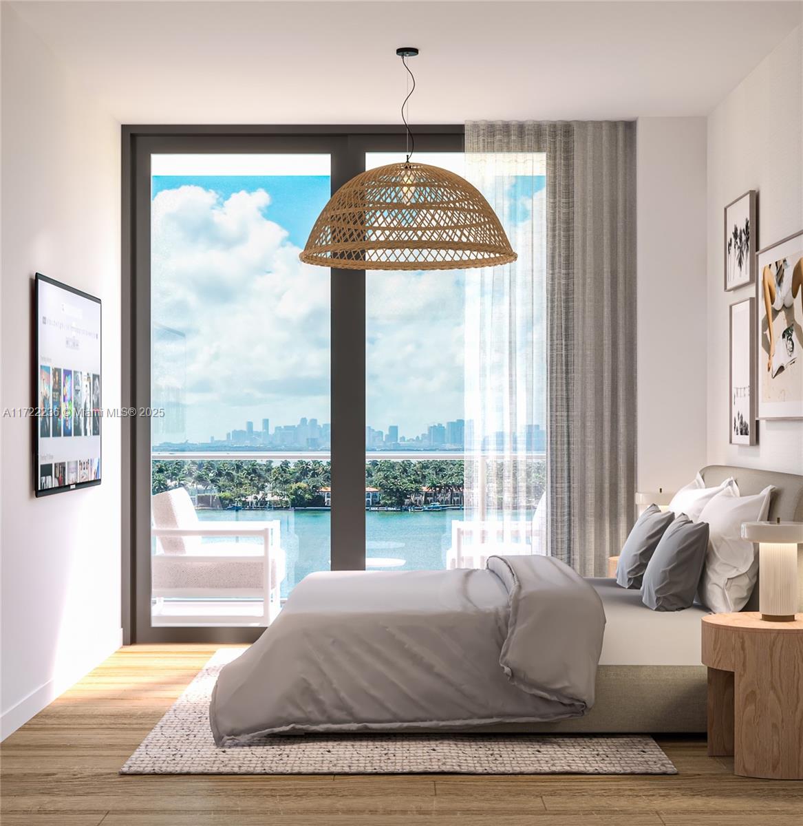 This rendering shows a modern bedroom with a woven pendant light and a waterfront balcony view — 6940 Abbott Ave # 703, Miami Beach FL 33141, MIAMI BEACH, FL