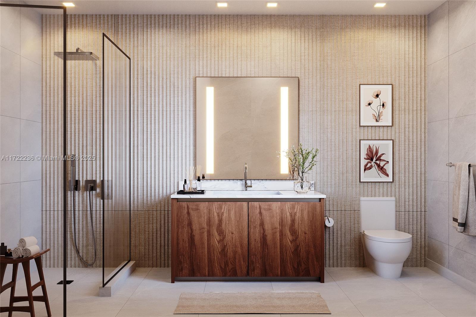 This rendering shows a modern bathroom with a wood vanity, walk-in shower, and textured wall — 6940 Abbott Ave # 703, Miami Beach FL 33141, MIAMI BEACH, FL
