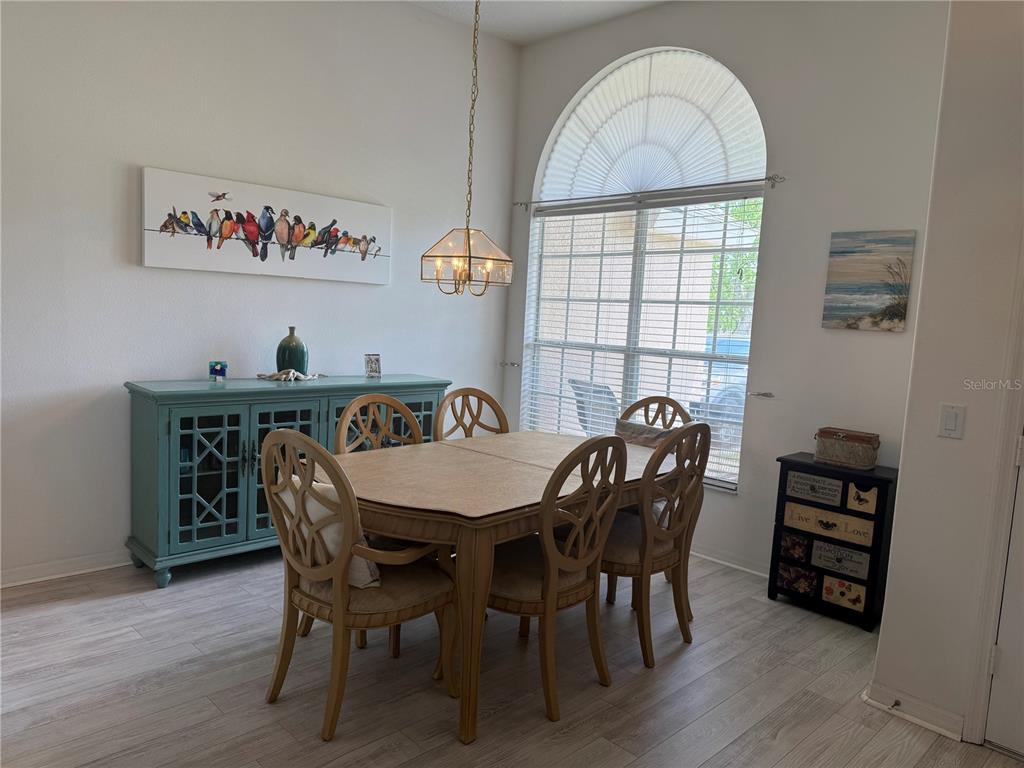 A dining room features a wooden table, six chairs, a teal sideboard, and a large window — 1043 CHAMBERLIN TRAIL, ST CLOUD, FL