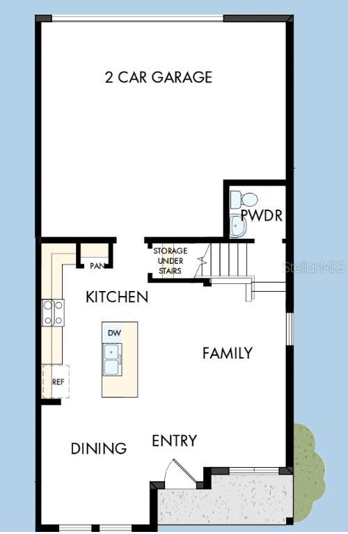 This floor plan shows a ground level with a two-car garage, kitchen, family room, and dining area — 3550 CASPIAN CHERVIL STREET, WESLEY CHAPEL, FL