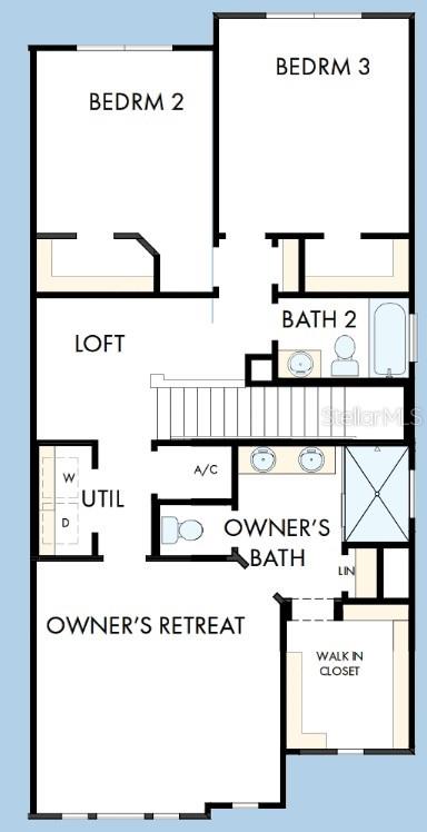 This is a floor plan of an upper level featuring three bedrooms, a loft, and bathrooms — 3550 CASPIAN CHERVIL STREET, WESLEY CHAPEL, FL