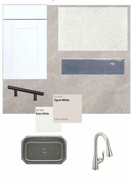 This is a digital design board showing kitchen finishes including white cabinets, countertops, tile, hardware, and fixtures — 3550 CASPIAN CHERVIL STREET, WESLEY CHAPEL, FL