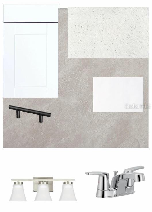 This image displays a design board featuring white cabinetry, countertops, hardware, lighting, and plumbing fixtures — 3550 CASPIAN CHERVIL STREET, WESLEY CHAPEL, FL