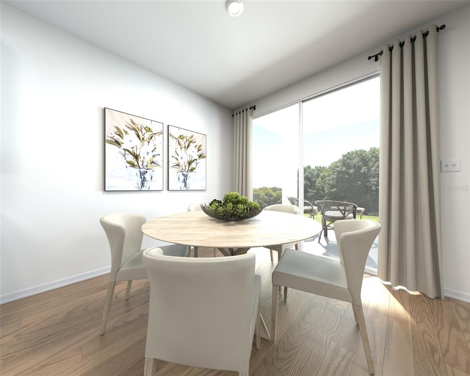 This rendering shows a dining room with a round table, four chairs, and sliding glass doors — 13208 SHELLMORE AVENUE, PALMETTO, FL
