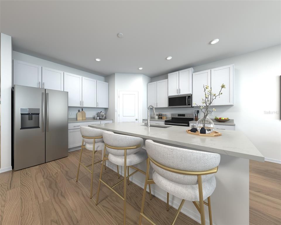 This is a digital rendering of a modern kitchen with white cabinets and a central island — 13208 SHELLMORE AVENUE, PALMETTO, FL