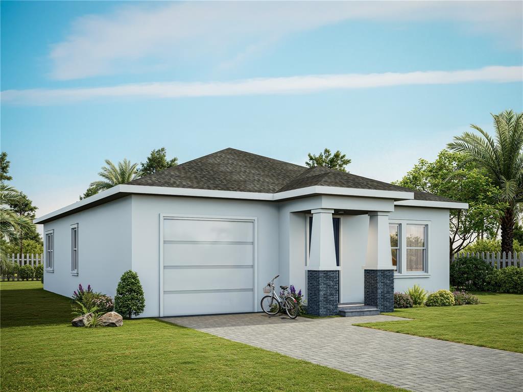 A digital rendering of a single-story house with a garage, front porch, and paved driveway — 4004 N 16TH STREET, TAMPA, FL