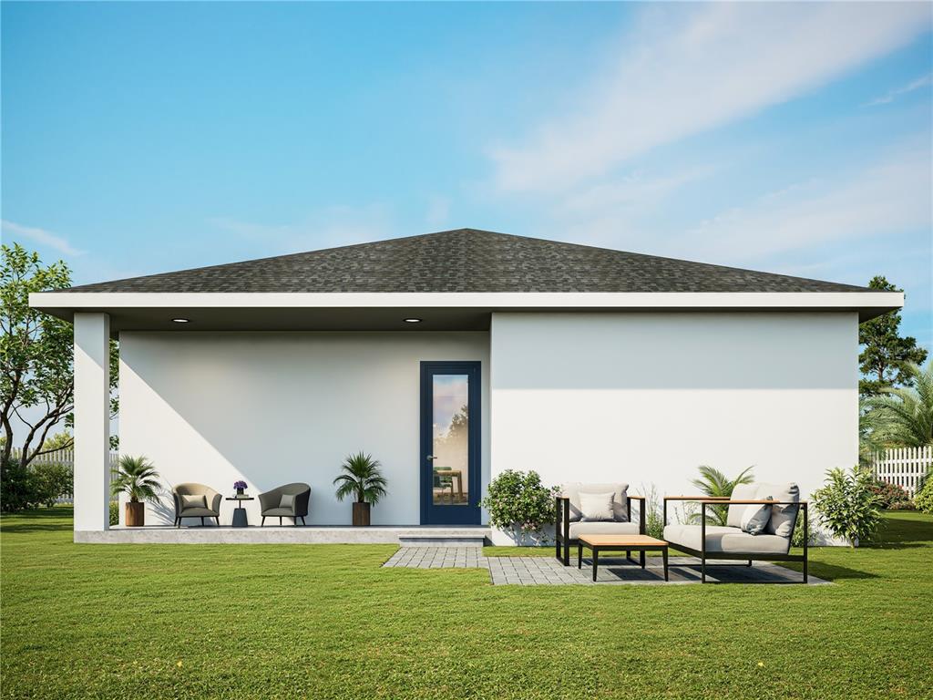 This is a rendering of the exterior rear patio and backyard of a modern home — 4004 N 16TH STREET, TAMPA, FL