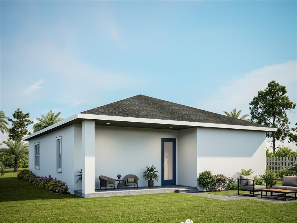 A digital rendering of the exterior of a white, single-story house with a covered patio — 4004 N 16TH STREET, TAMPA, FL