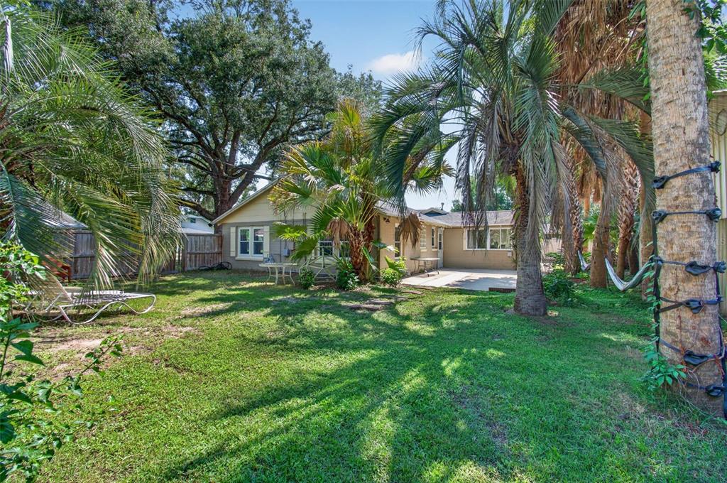 A backyard with a lawn, palm trees, a patio, and a single-story house — 715 NW 22ND AVENUE, GAINESVILLE, FL