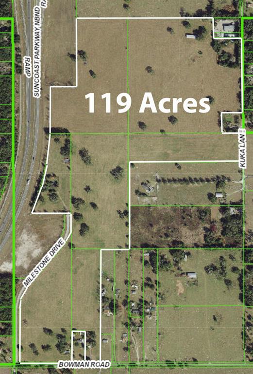This is an aerial map showing a 119-acre parcel of land near a highway — 20139 BOWMAN ROAD, SPRING HILL, FL