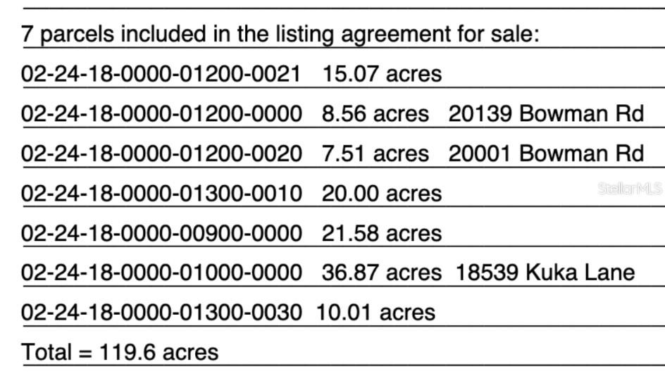 This image is a list of seven real estate property parcels with their corresponding acreage totals — 20139 BOWMAN ROAD, SPRING HILL, FL