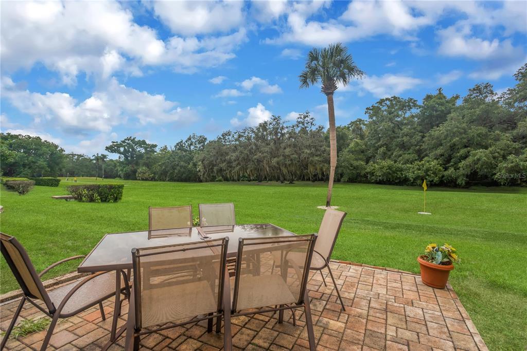 A patio with a dining set overlooks a grassy lawn with trees and a flag — 3943 TROPHY BOULEVARD UNIT 4604, NEW PORT RICHEY, FL
