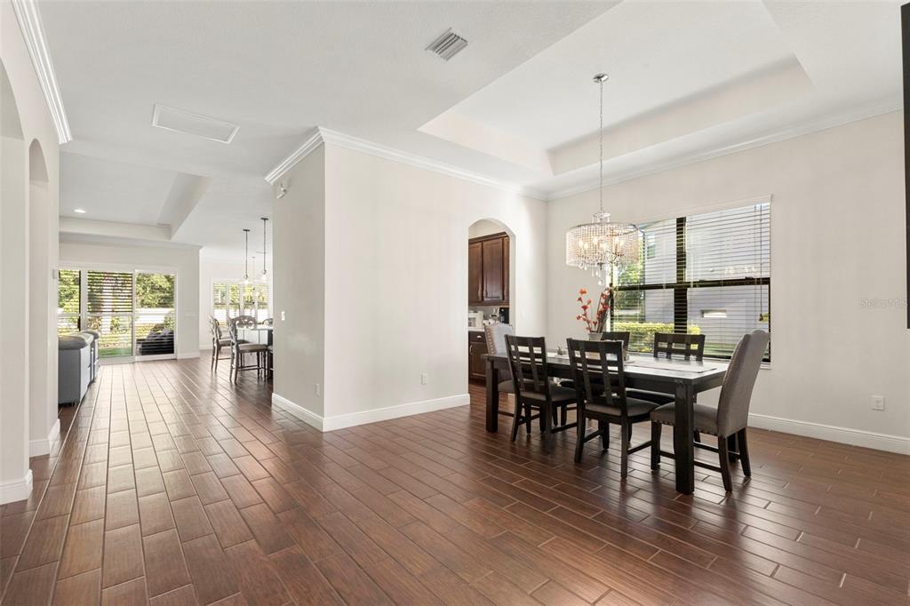 A dining room with a tray ceiling, chandelier, dark wood floors, and a large window — 5134 LAKECASTLE DRIVE, TAMPA, FL