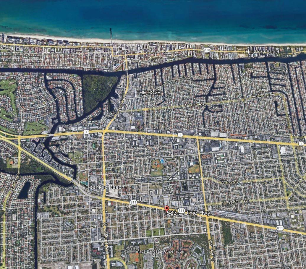 This is an aerial map view of the Deerfield Beach area in Florida — 583 S Dixie Highway, Deerfield Beach FL 33441, DEERFIELD BEACH, FL