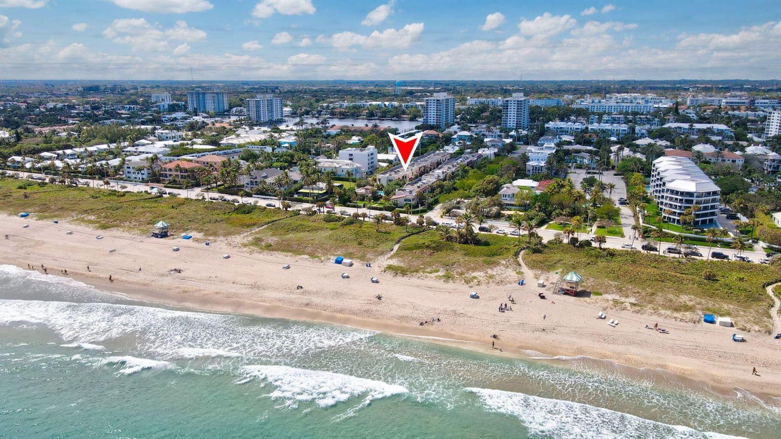 An aerial view shows a beachfront property with a red marker pointing to a townhouse — 200 S Ocean Boulevard # 135, Delray Beach FL 33483, DELRAY BEACH, FL