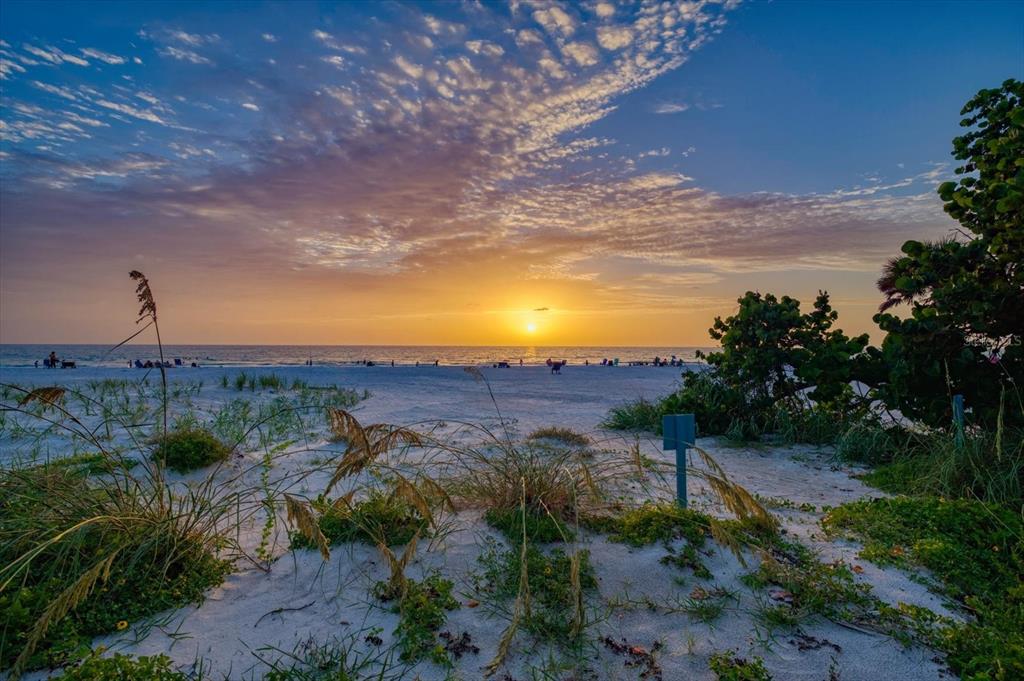 A sandy beach with dune grasses and vegetation at sunset overlooking the ocean — 2308 BEACH TRAIL, INDIAN ROCKS BEACH, FL