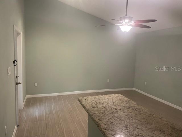 A room with light green walls, a vaulted ceiling, a ceiling fan, and a granite-topped island — 1610 HAVEN DRIVE UNIT Rear, ORLANDO, FL