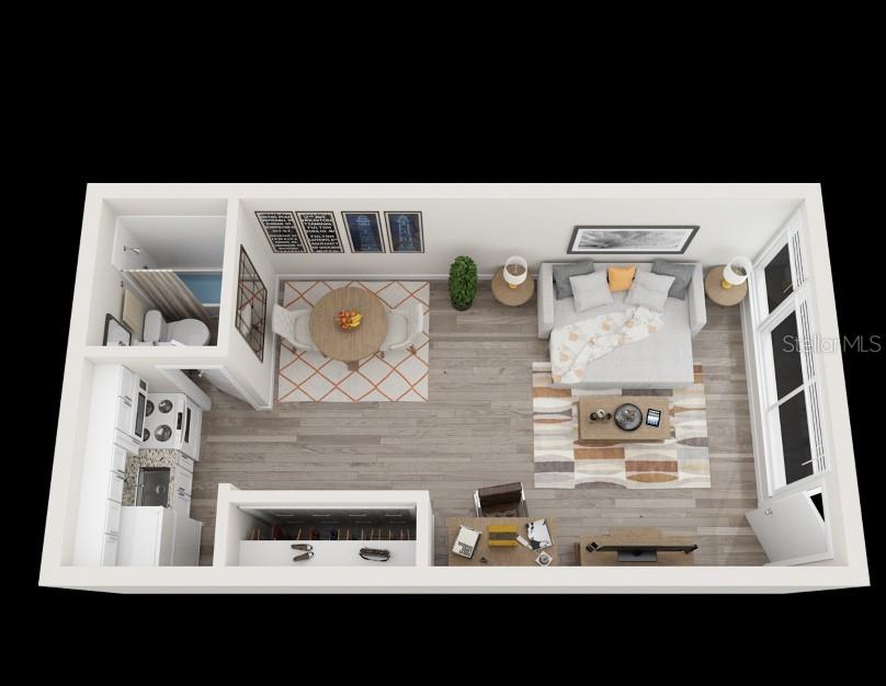 This is a 3D floor plan rendering of a studio apartment with a kitchen and bathroom — 515 BON AIR STREET UNIT 146, LAKELAND, FL