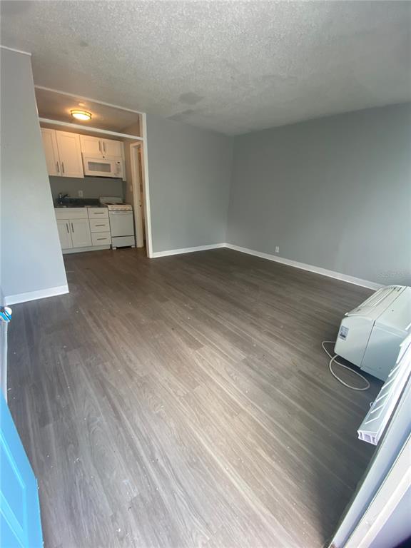 This studio apartment features gray walls, wood-look flooring, and a small kitchen with white cabinets — 515 BON AIR STREET UNIT 146, LAKELAND, FL