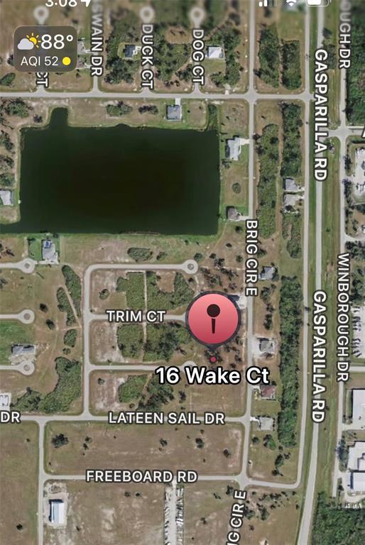 This is a satellite map view showing a residential lot location marked with a pin — 16 WAKE COURT, PLACIDA, FL