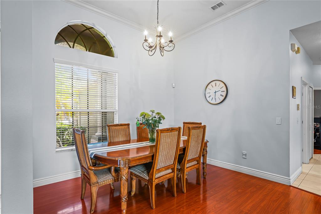 A dining room features a wooden table, six chairs, a chandelier, and a wall clock — 12801 STANWYCK CIRCLE, TAMPA, FL