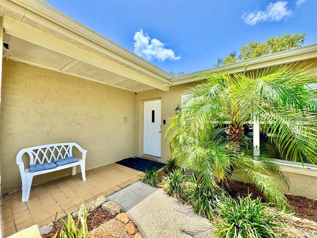 A white bench sits on a tiled patio next to a front door and palm tree — 8134 WINTHROP DRIVE, PORT RICHEY, FL