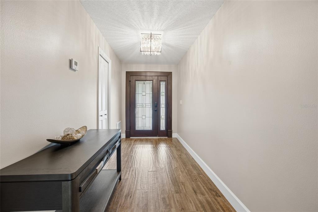 A foyer with wood-look flooring, a dark console table, and a glass-paneled front door — 8080 NW 47TH STREET, OCALA, FL