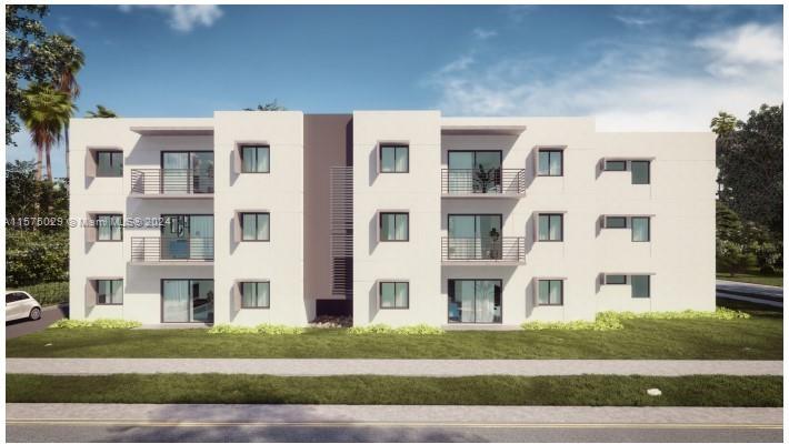 This is a digital rendering of a three-story apartment building with a white exterior — 3095 NW 26th Street, Miami FL 33142, MIAMI, FL
