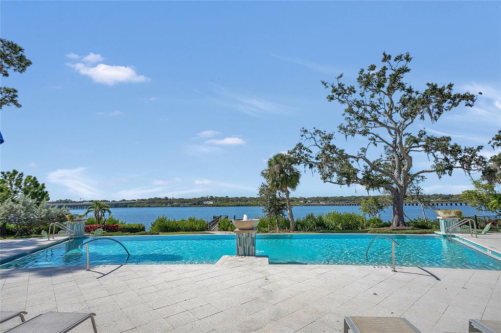 An infinity pool overlooks a large body of water with trees and a distant bridge — 9009 PALM KEY AVENUE, OLDSMAR, FL
