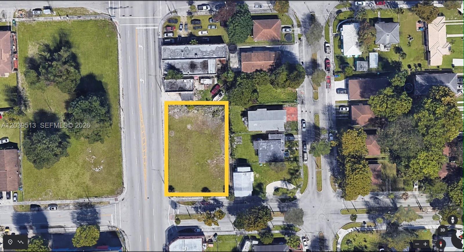 An aerial view shows a rectangular vacant lot outlined in yellow next to a road — 4923 NW 17th Ave, Miami FL 33142, MIAMI, FL
