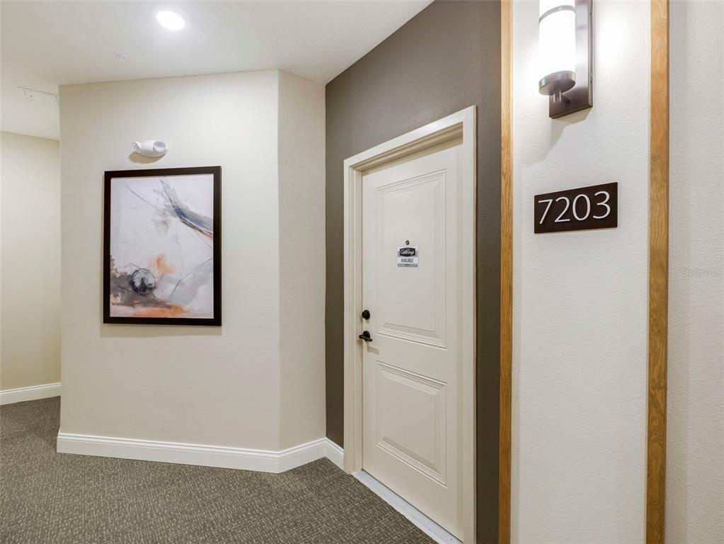 A hallway features a white door labeled 7203, a framed abstract painting, and wall lighting — 7545 LAUREATE BOULEVARD UNIT 7203, ORLANDO, FL