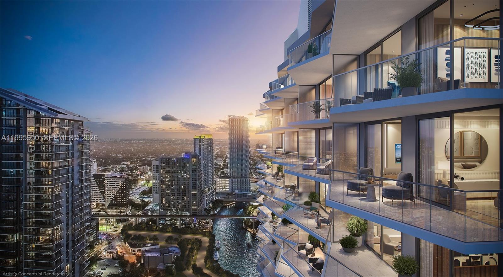 This architectural rendering shows a modern high-rise building with balconies overlooking a river and city — 77 SE 5th Street # 2908, Miami FL 33131, MIAMI, FL