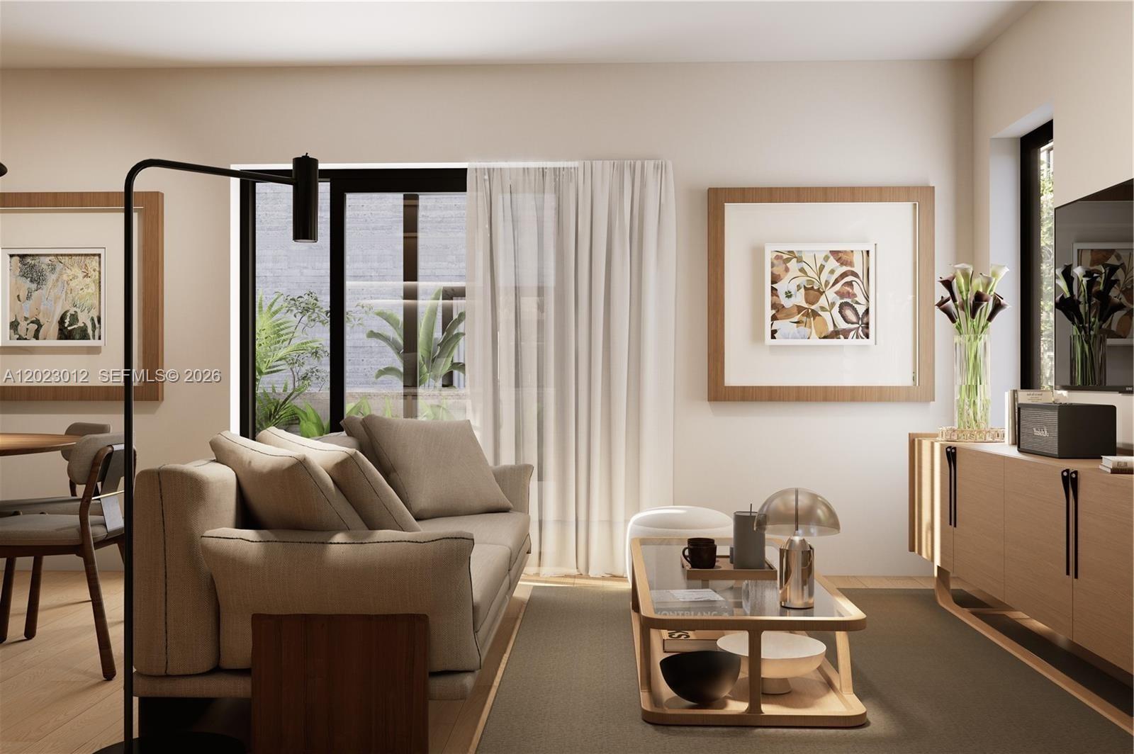 This rendering shows a modern living room with a beige sofa, coffee table, and artwork — 1534 SW 3rd St, Miami FL 33135, MIAMI, FL