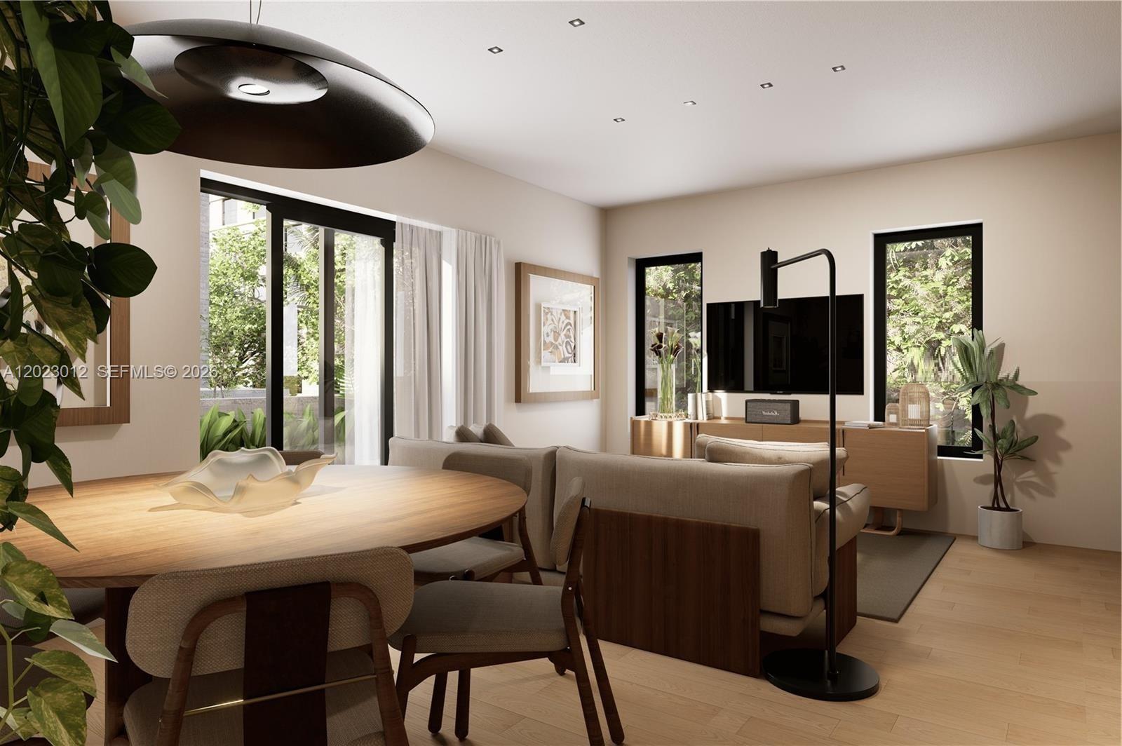 This rendering shows a modern living and dining area with light wood floors and furniture — 1534 SW 3rd St, Miami FL 33135, MIAMI, FL