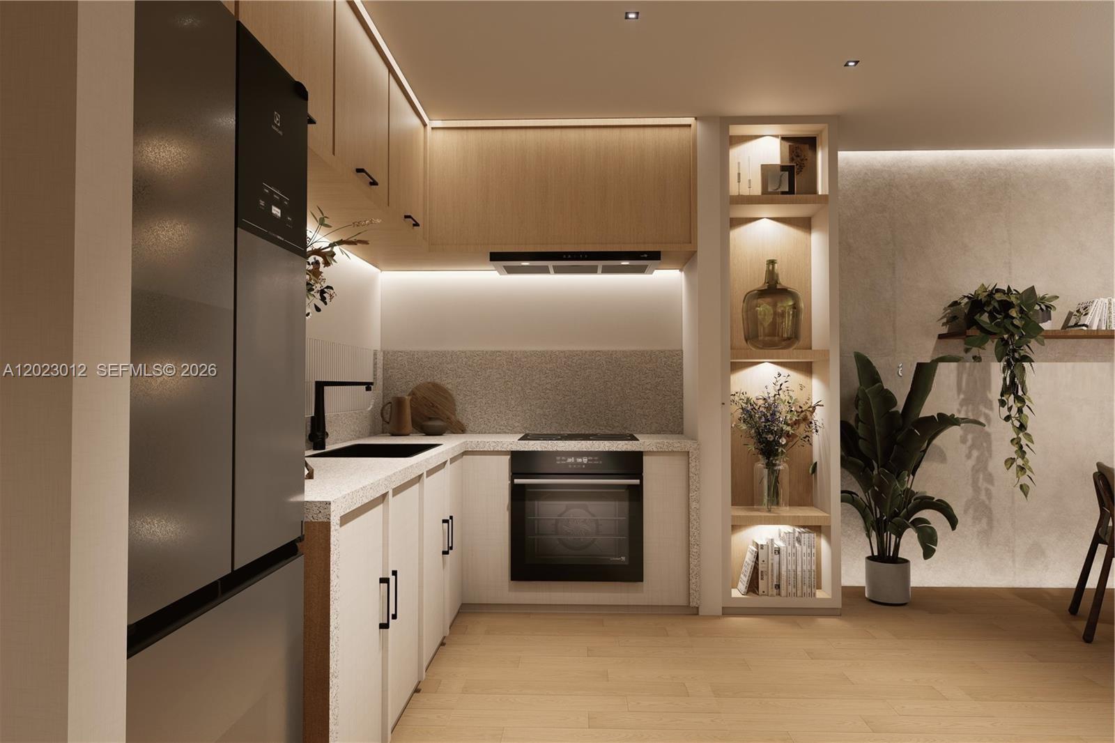 This is a rendering of a modern kitchen featuring light wood cabinetry and stone countertops — 1534 SW 3rd St, Miami FL 33135, MIAMI, FL