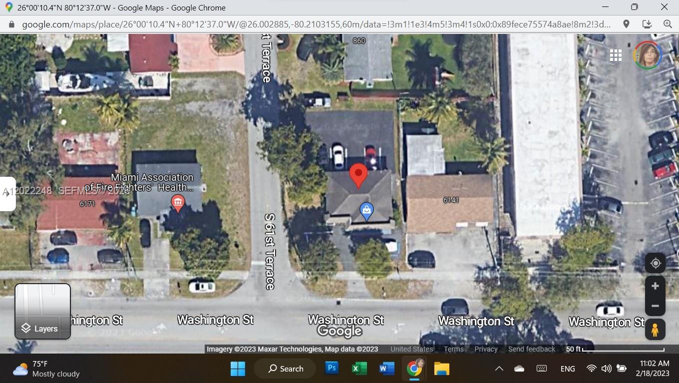 This is a satellite map view showing residential buildings and streets in a suburban neighborhood — 6151 Washington St, Hollywood FL 33023, HOLLYWOOD, FL