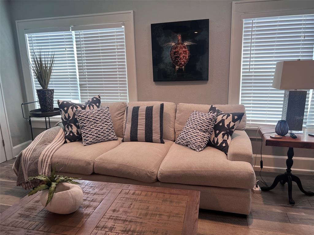 A living room features a beige sofa, patterned throw pillows, a wooden coffee table, and windows — 1137 HIGHLAND STREET S, ST PETERSBURG, FL