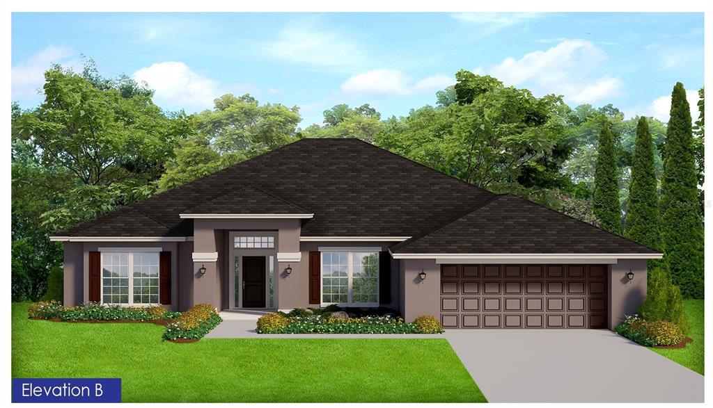A digital rendering of a single-story suburban house with a gray stucco exterior and garage — 1474 NABATOFF STREET, NORTH PORT, FL