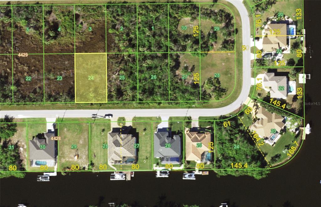 This is an aerial map showing residential lots and waterfront properties — 15657 HENNIPEN CIRCLE, PORT CHARLOTTE, FL