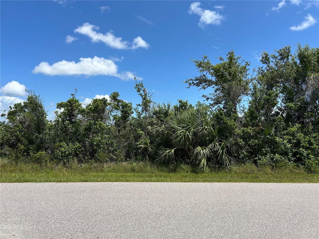 A paved road runs in front of a dense, wooded lot under a blue sky — 15657 HENNIPEN CIRCLE, PORT CHARLOTTE, FL