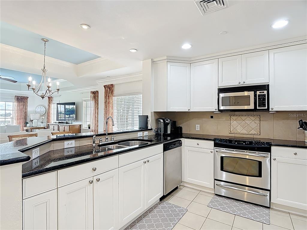 A kitchen features white cabinets, black countertops, stainless steel appliances, and a tile floor — 1362 CENTRE COURT RIDGE DRIVE UNIT 204, REUNION, FL