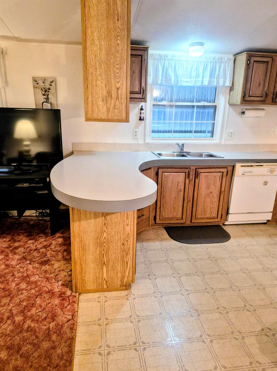 A kitchen features wood cabinets, a curved laminate countertop, a double sink, and vinyl flooring — 1066 Peach Lane, Okeechobee FL 34974, OKEECHOBEE, FL