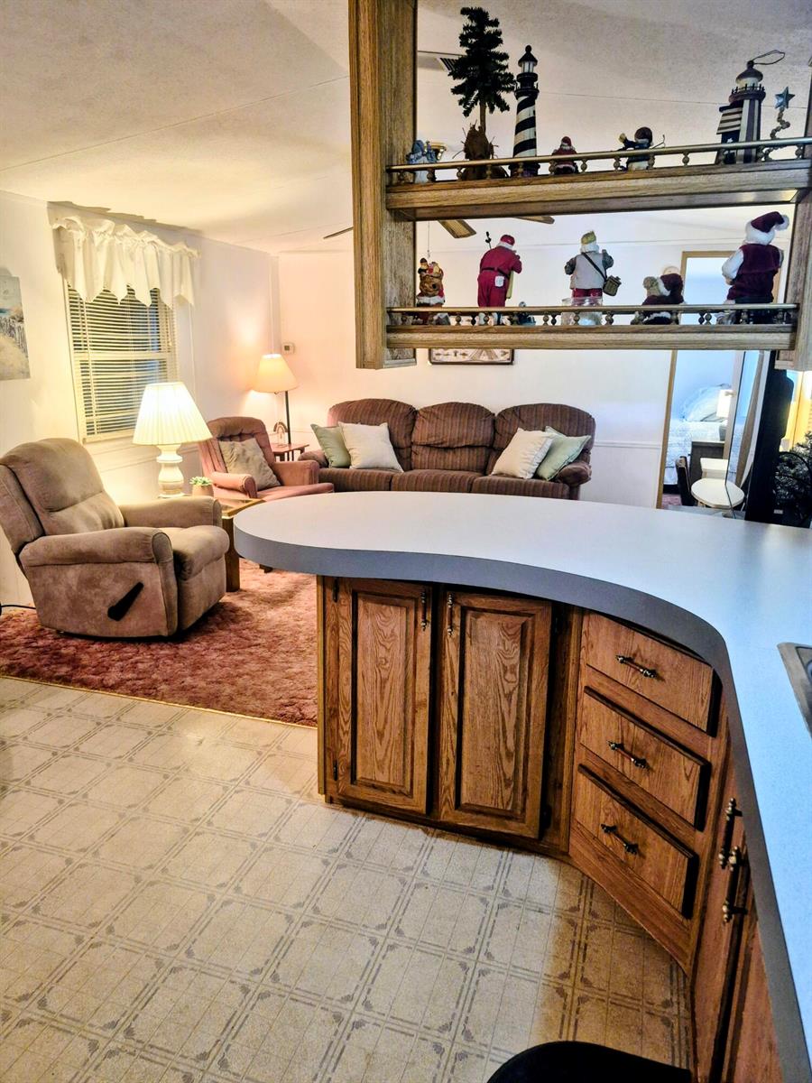 A kitchen counter overlooks a living room with a brown sofa, recliner, and area rug — 1066 Peach Lane, Okeechobee FL 34974, OKEECHOBEE, FL