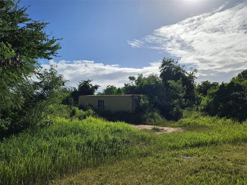 A shipping container sits in a grassy, overgrown lot under a bright blue sky — SOLAR EN BO.CIBAO, CAMUY, PR