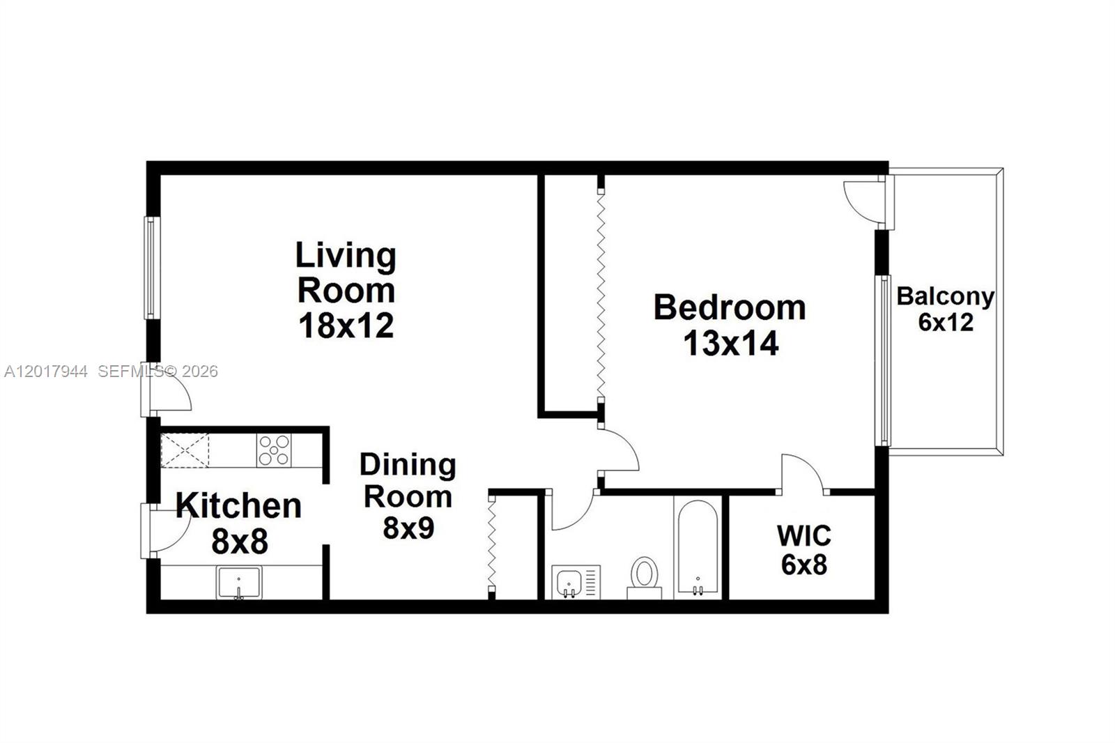 This is a floor plan for a one-bedroom apartment with a balcony and walk-in closet — 12590 NE 16th Ave # 208, North Miami FL 33161, NORTH MIAMI, FL